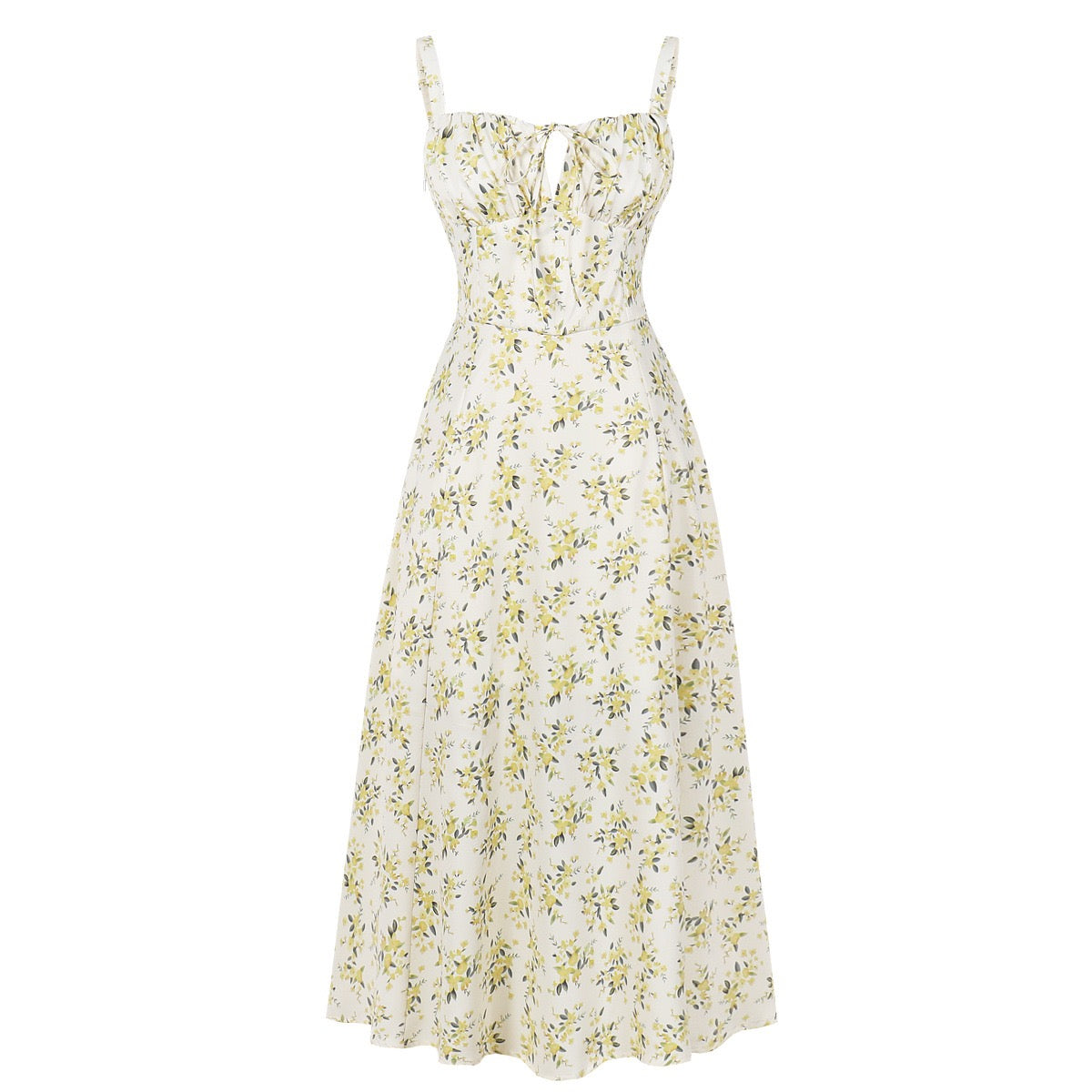 Printed Spaghetti Strap Dress with Corset Waist, Elegant Vintage Style, Wide Hem, Trendy Bestseller on Amazon