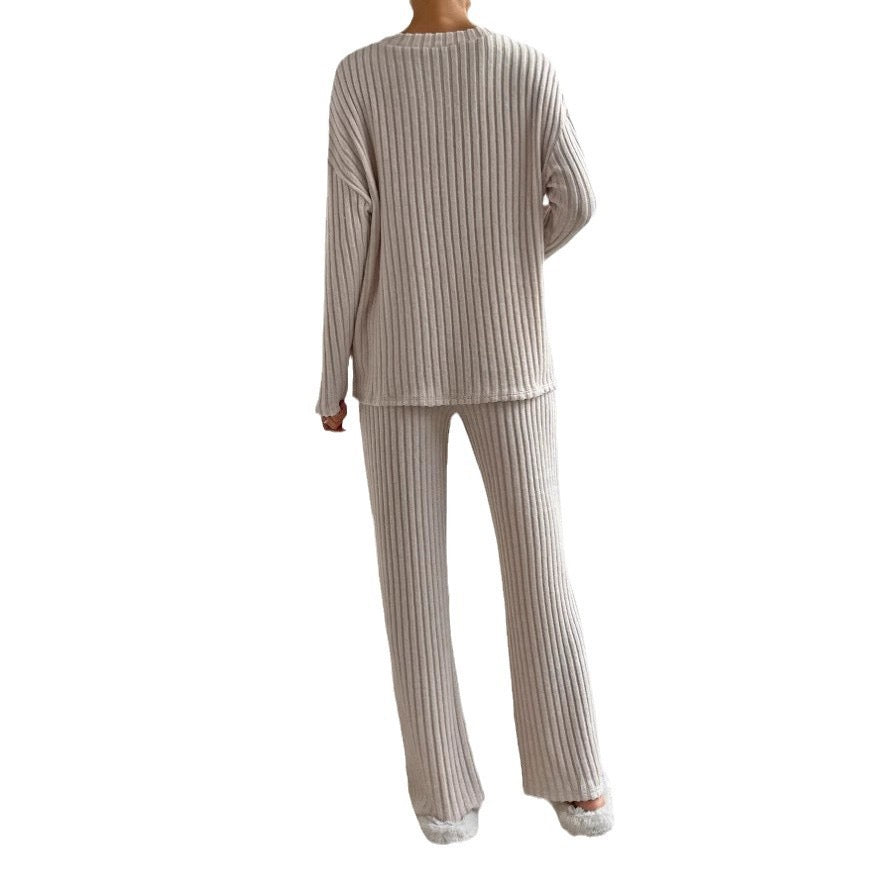 Cross-border two-piece suit for women 2024 autumn new style fashion casual straight pants temperament loose V-neck pit striped knitted suit