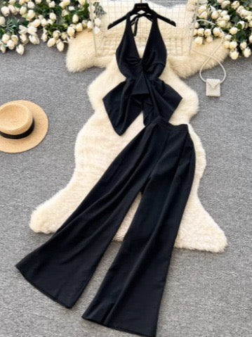 Premium Commuter Style Halter Neck Vest and Wide-Leg Pants Two-Piece Set for Women, Summer Open-Back Waist-Cinching Slimming Fashion Set