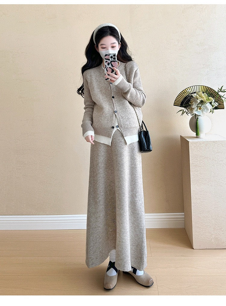 Pregnant women autumn and winter fashion new contrast color stitching knitted sweater + mid-length skirt temperament slim two-piece set