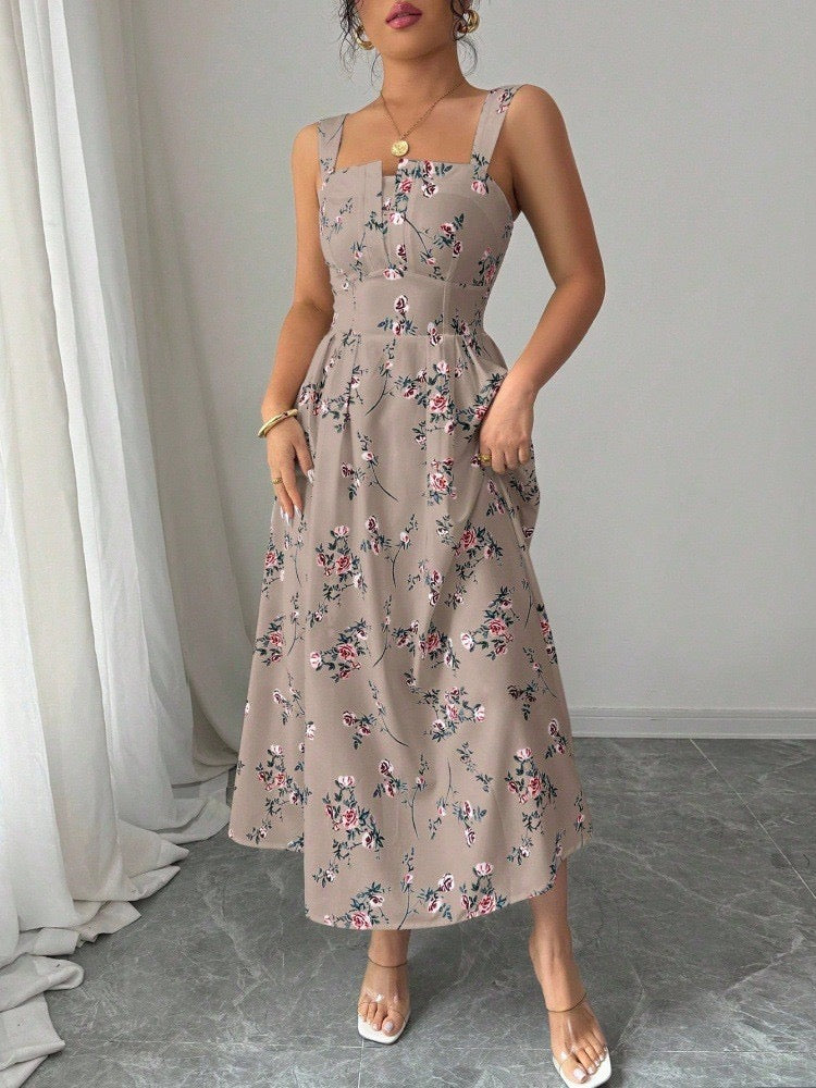 European and American New Style French Dress, Cross-Border Summer Spaghetti Strap Waist-Cinching Women's Casual Travel Floral A-Line Long Dress