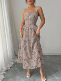 European and American New Style French Dress, Cross-Border Summer Spaghetti Strap Waist-Cinching Women's Casual Travel Floral A-Line Long Dress
