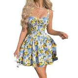 Women's New Summer Style French Romantic and Elegant Printed Lace-Up Waist-Cinching A-Line Suspender Mini Dress