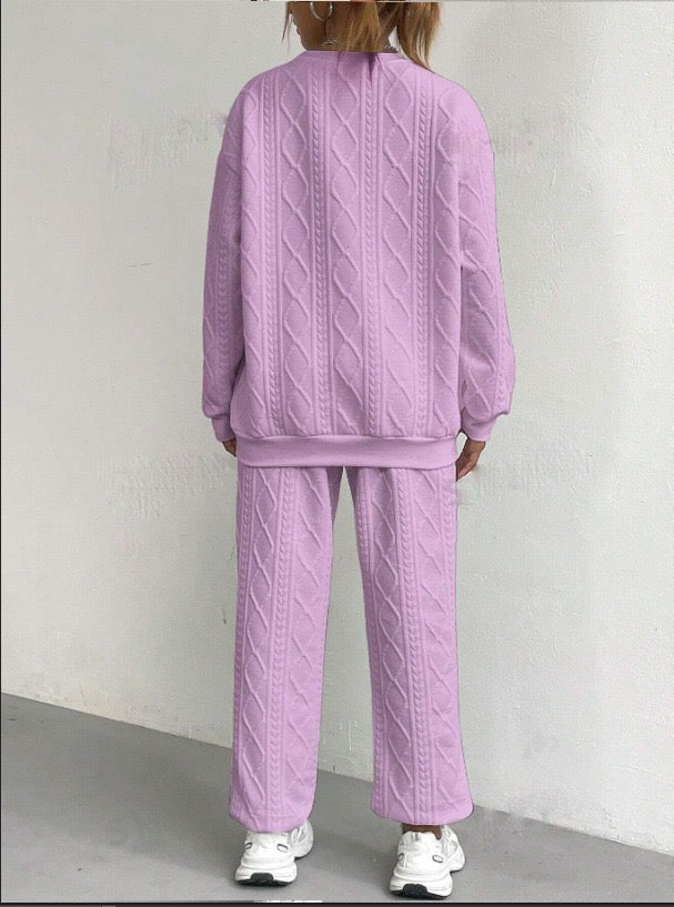 2025 Spring and Autumn Cross-border European and American New Women's Clothing Twist Splicing Long Sleeve Round Neck Top Cuffed Trousers Two-piece Set
