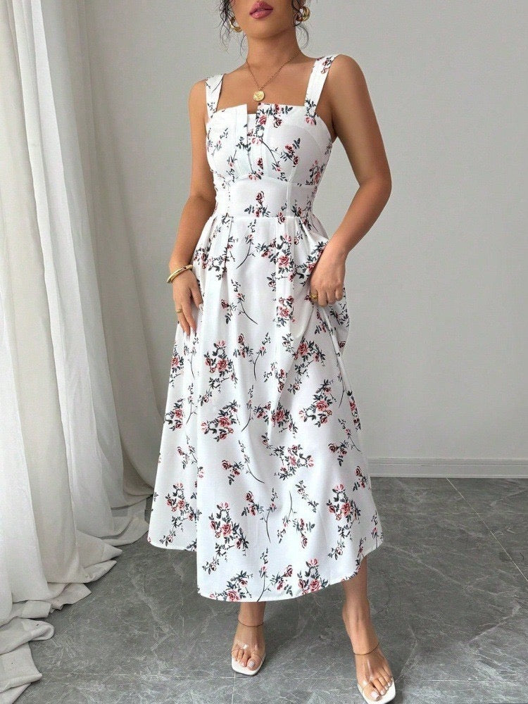 European and American New Style French Dress, Cross-Border Summer Spaghetti Strap Waist-Cinching Women's Casual Travel Floral A-Line Long Dress
