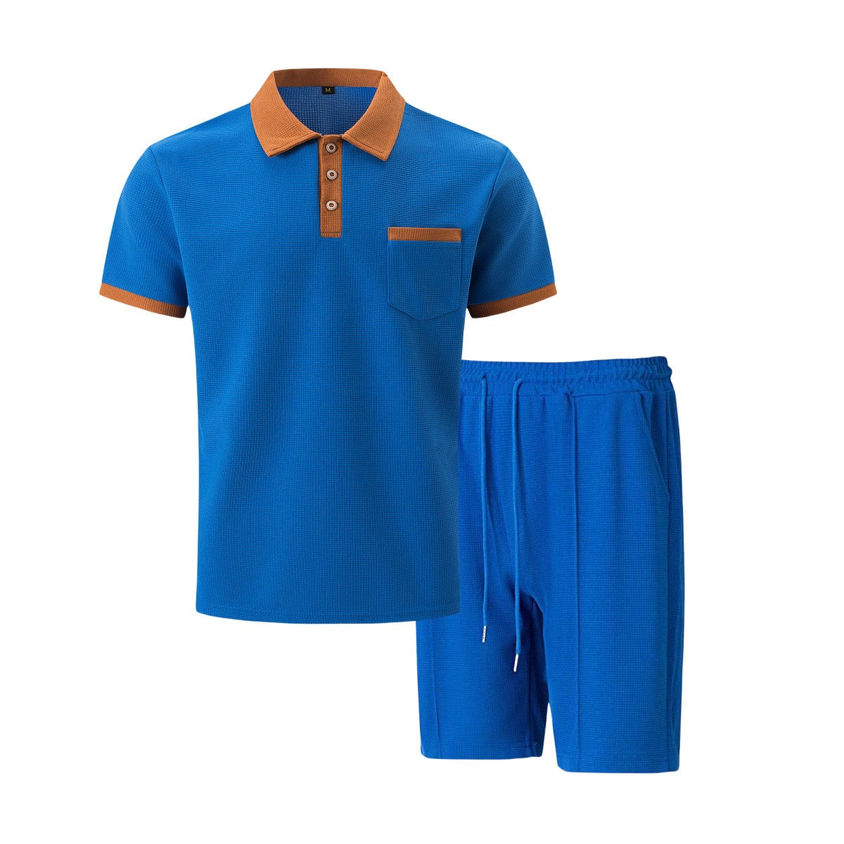 Amazon Cross-Border Summer New Men's Waffle Lapel Color-Blocked Chest Pocket Button Short-Sleeved Shorts Suit