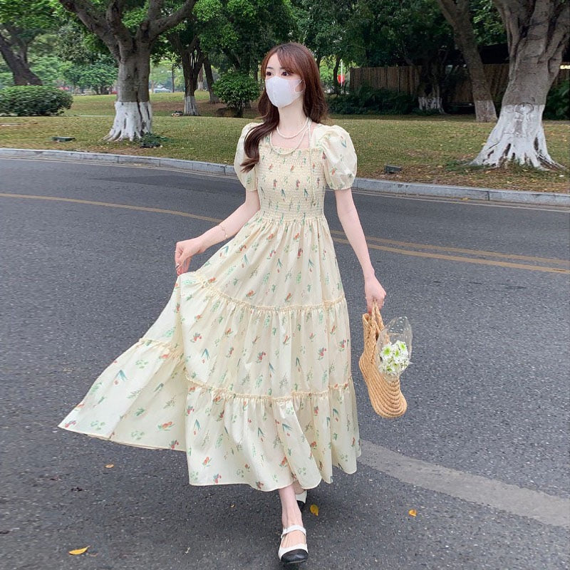 Plus Size Korean Style Holiday Style Small Fresh Square Neck Short-Sleeved Floral Dress for Women 2024 Summer Waist Slimming Look Long Skir