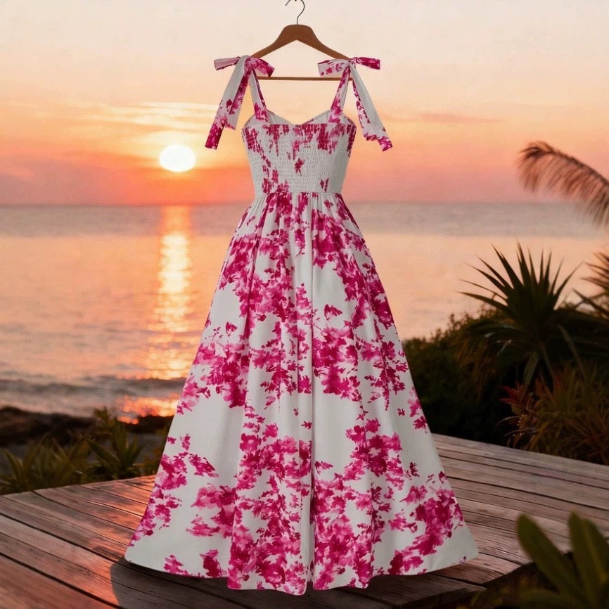 Popular pink floral print sundress from European and American cross-border e-commerce platforms. Slimming, flattering, and stylish A-line dress perfect for a vacation.