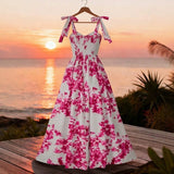 Popular pink floral print sundress from European and American cross-border e-commerce platforms. Slimming, flattering, and stylish A-line dress perfect for a vacation.
