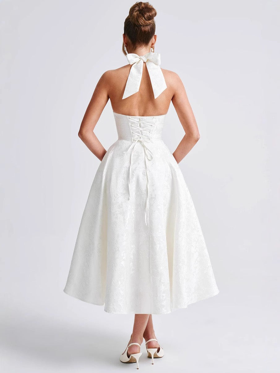 European and American Style V-Neck Halter Jacquard Dress, High-End Sleeveless Backless Evening Gown with Waist-Cinching Fit for Spring and Summer