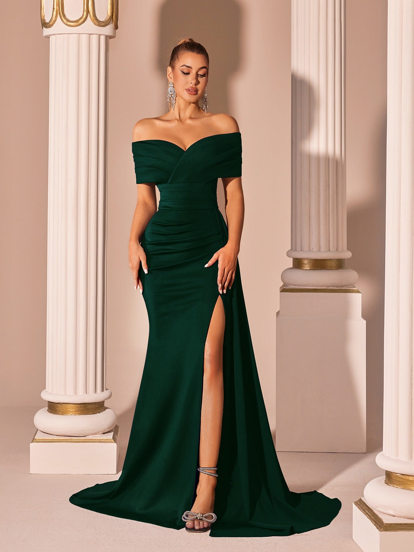 New One-Shoulder Satin Solid Color Evening Dress Slim-Fitting Slit Fishtail Dinner Party Host Accessible Luxury Dress