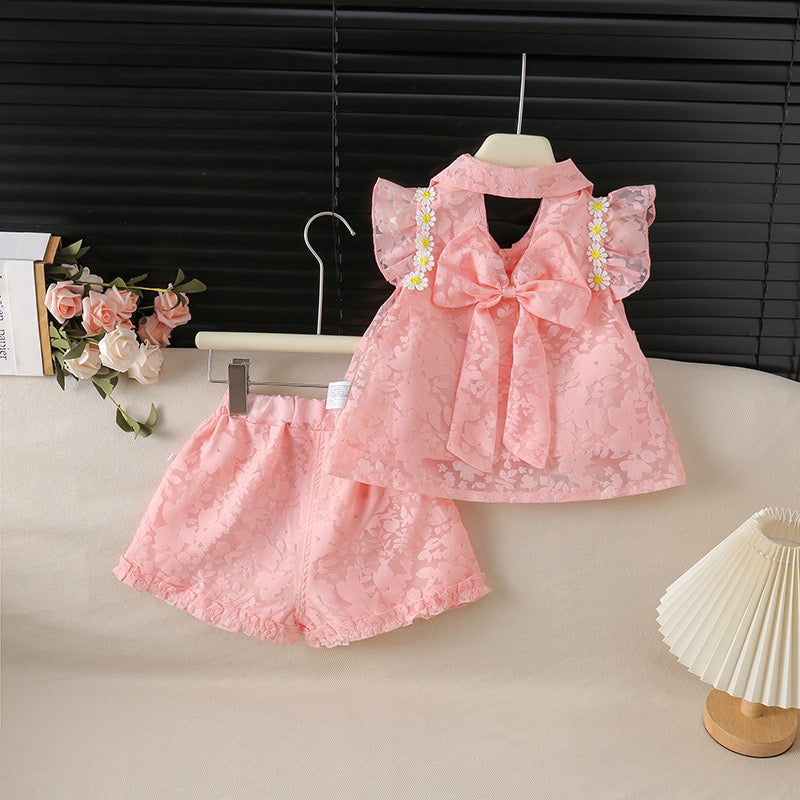 2-Piece Korean Style Single-Breasted Floral Lightweight Summer Dress Set for Girls with Delicate Flutter Sleeves