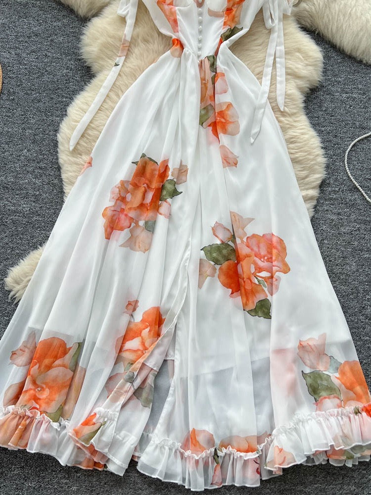 French Vacation Wear Dress for Women, Summer Design, Thoughtful Slit, Waist-Cinching, Elegant Suspender Printed Long Skirt