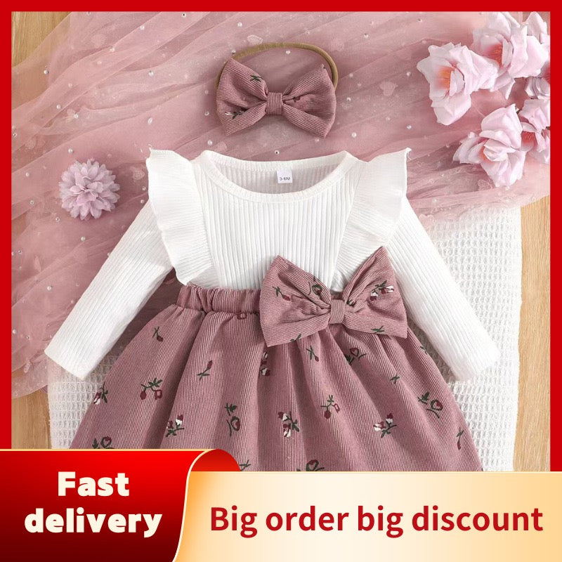 Children's clothingBaby girls print flying sleeves ruffles decorative bow 2 in 1 dress