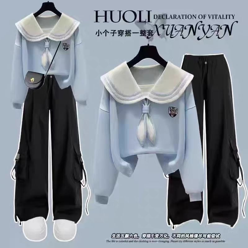 Fashion suit #contrast navy collar fake two-piece loose slim top with designer pocket casual pants