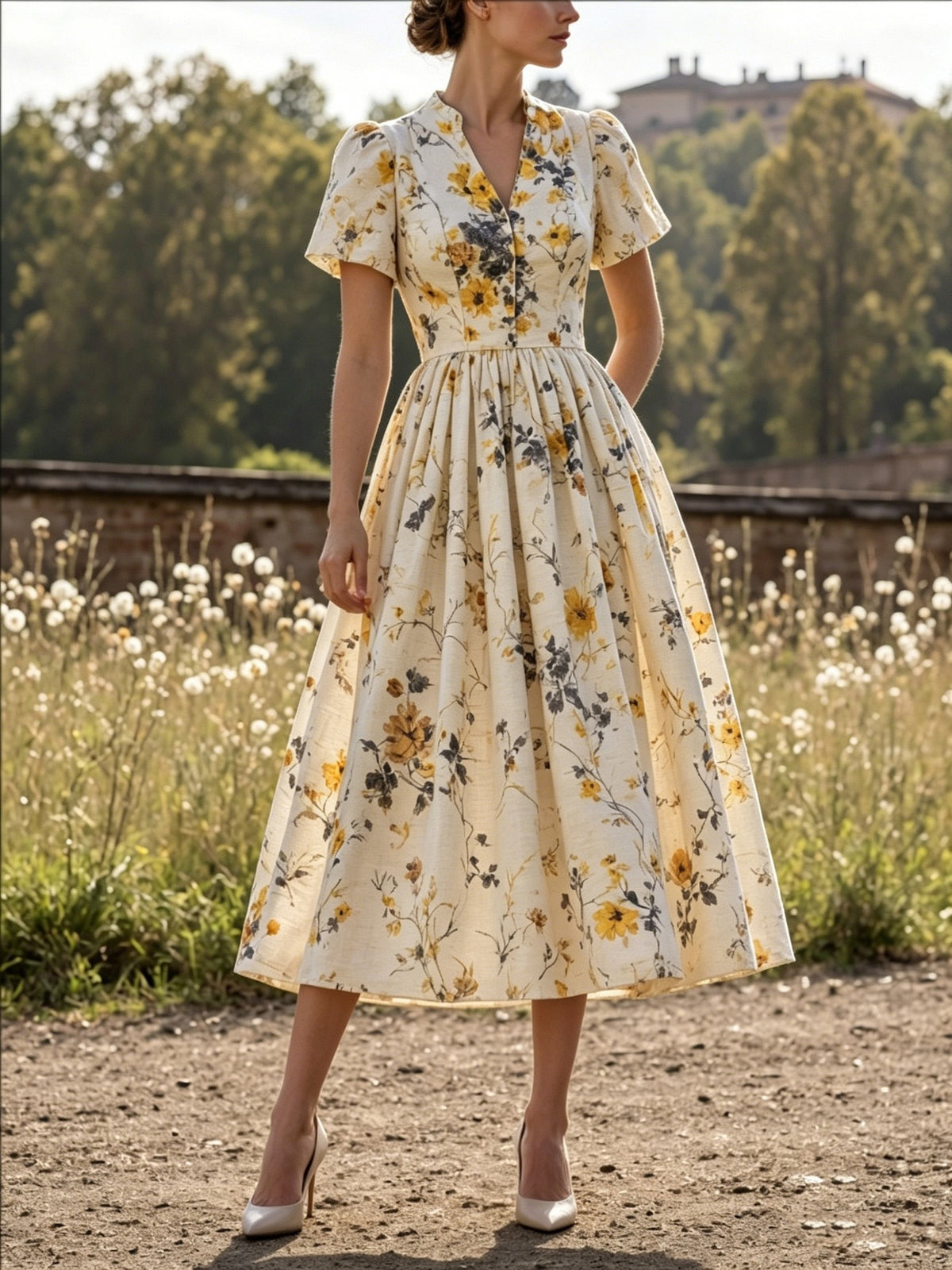2026 Retro Casual V-Neck Printed Short-Sleeved Women's Dress Long Skirt Summer New Style Amazon Bestseller