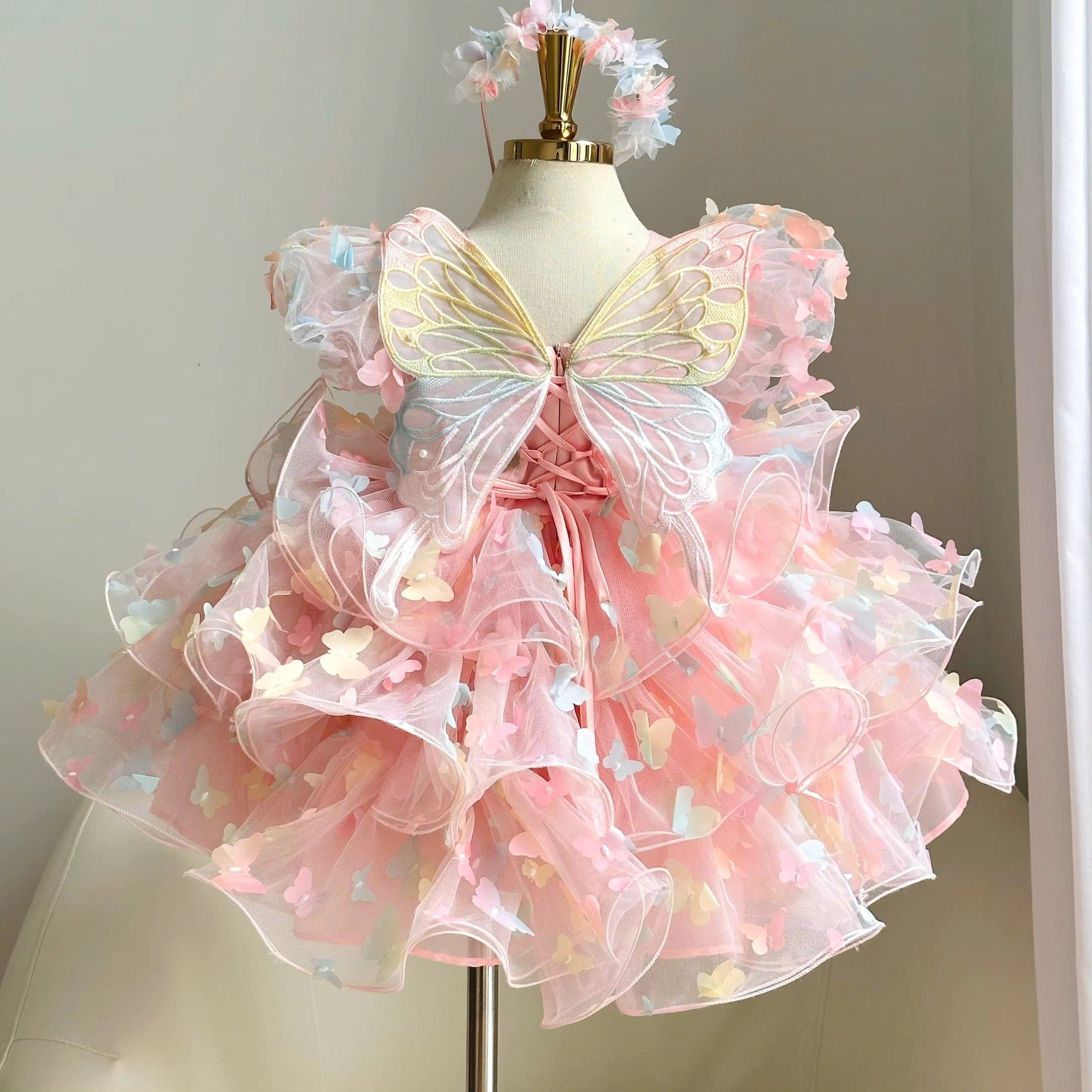 New Luxurious Niche One-Year-Old Girl's Dress with Solid Color Butterfly Accessories, Puff Sleeves, Comfortable and Cute Party Dress