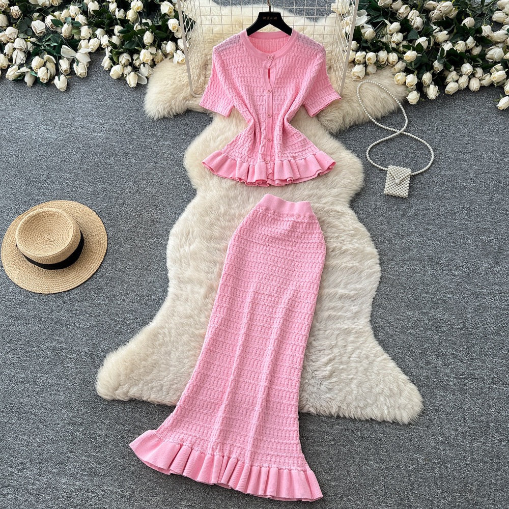 Korean-Style Knitted Ruffled Slim-Fit Two-Piece Set for Women, Summer Slim-Fit, Mature and Elegant Style, Workwear Outfit