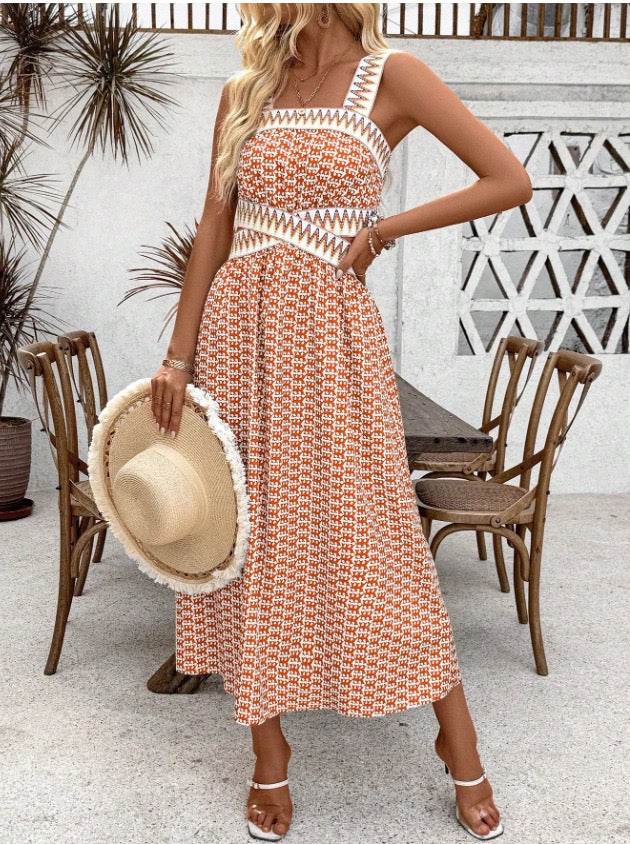 2025 Summer New Style Tube Top Backless Suspender Dress Retro Printed Long Skirt Cross-Border Foreign Trade Amazon Style for Women