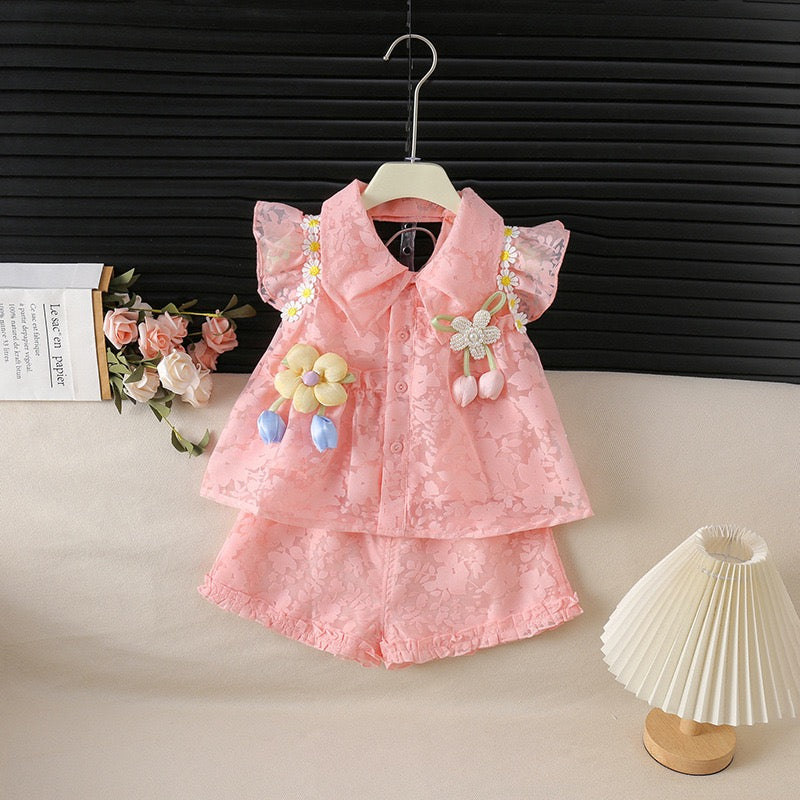 2-Piece Korean Style Single-Breasted Floral Lightweight Summer Dress Set for Girls with Delicate Flutter Sleeves