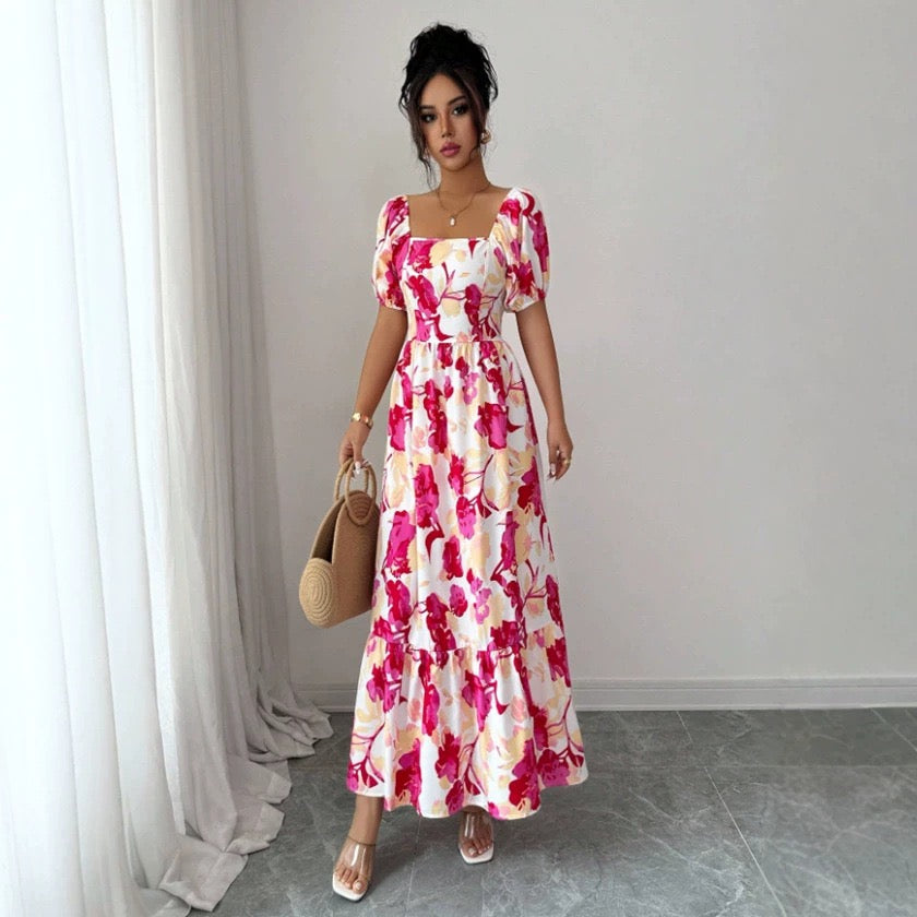 AliExpress Cross-Border Amazon New Beach Vacation Style Puff Sleeve Dress Women's European and American Floral Print High Waist