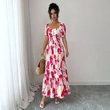 AliExpress Cross-Border Amazon New Beach Vacation Style Puff Sleeve Dress Women's European and American Floral Print High Waist