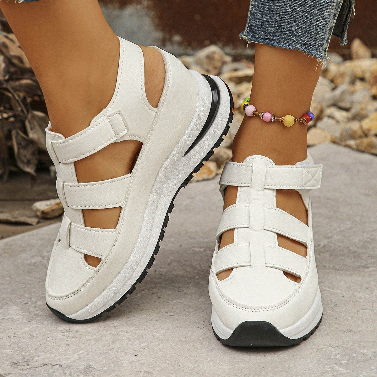 Summer new wedge sandals covered head hollow breathable women's foreign trade plus size sponge thick-soled velcro women's shoes