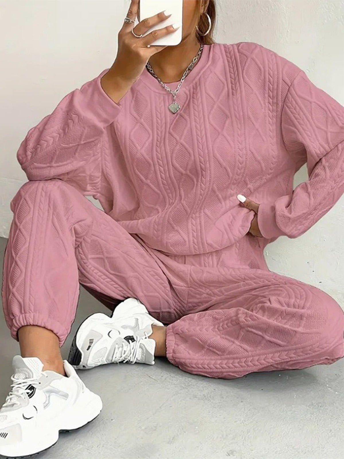 2025 Spring and Autumn Cross-border European and American New Women's Clothing Twist Splicing Long Sleeve Round Neck Top Cuffed Trousers Two-piece Set