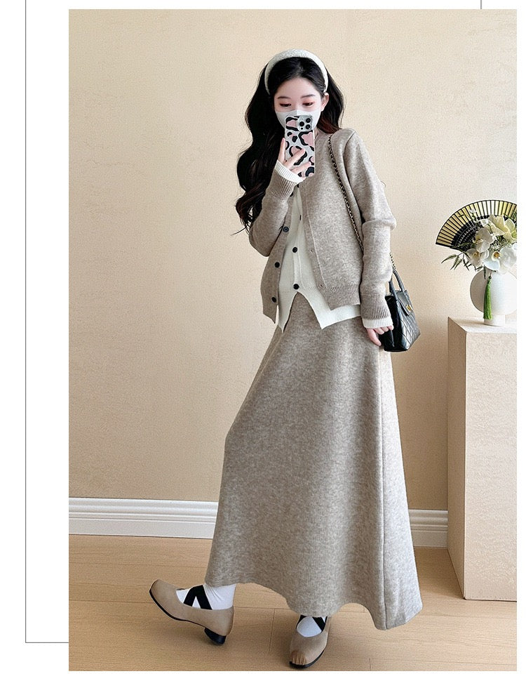 Pregnant women autumn and winter fashion new contrast color stitching knitted sweater + mid-length skirt temperament slim two-piece set