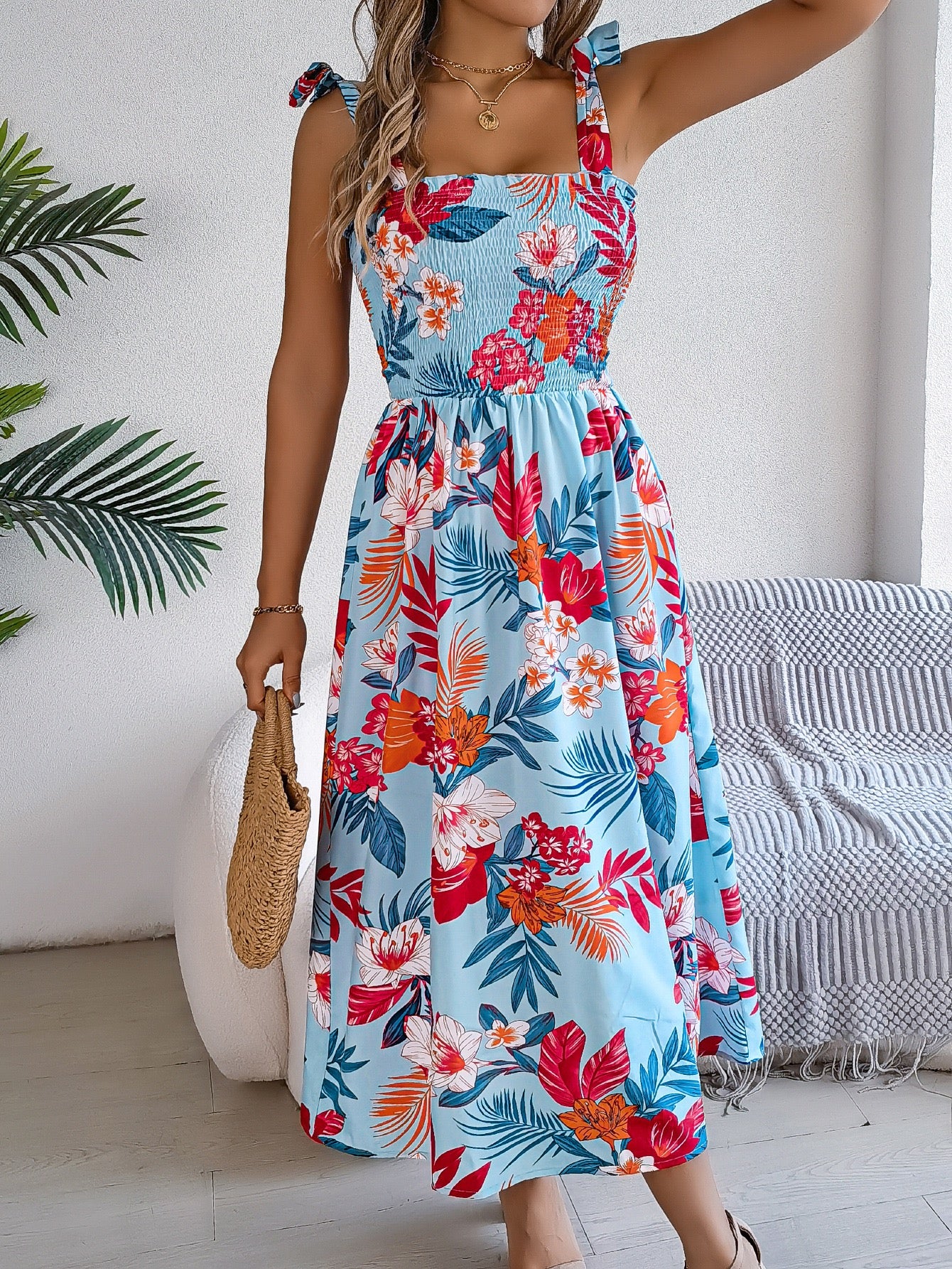 2025 European and American Floral Lace-Up Waist-Cinching Backless Slip Dress for Women, Retro Artistic Style, Long Dress for Vacation and Beach