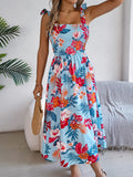 2025 European and American Floral Lace-Up Waist-Cinching Backless Slip Dress for Women, Retro Artistic Style, Long Dress for Vacation and Beach