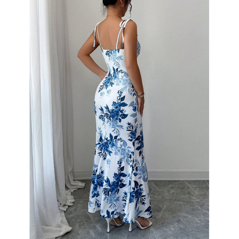 Women's Printed Thin Strap Waist-Cinching Slit Slip Dress, Evening Party and Vacation Wear, Women's Spring and Summer Elegant Clothing