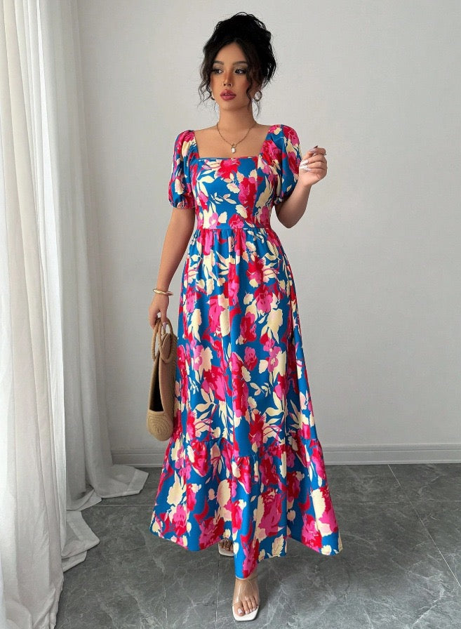 AliExpress Cross-Border Amazon New Beach Vacation Style Puff Sleeve Dress Women's European and American Floral Print High Waist