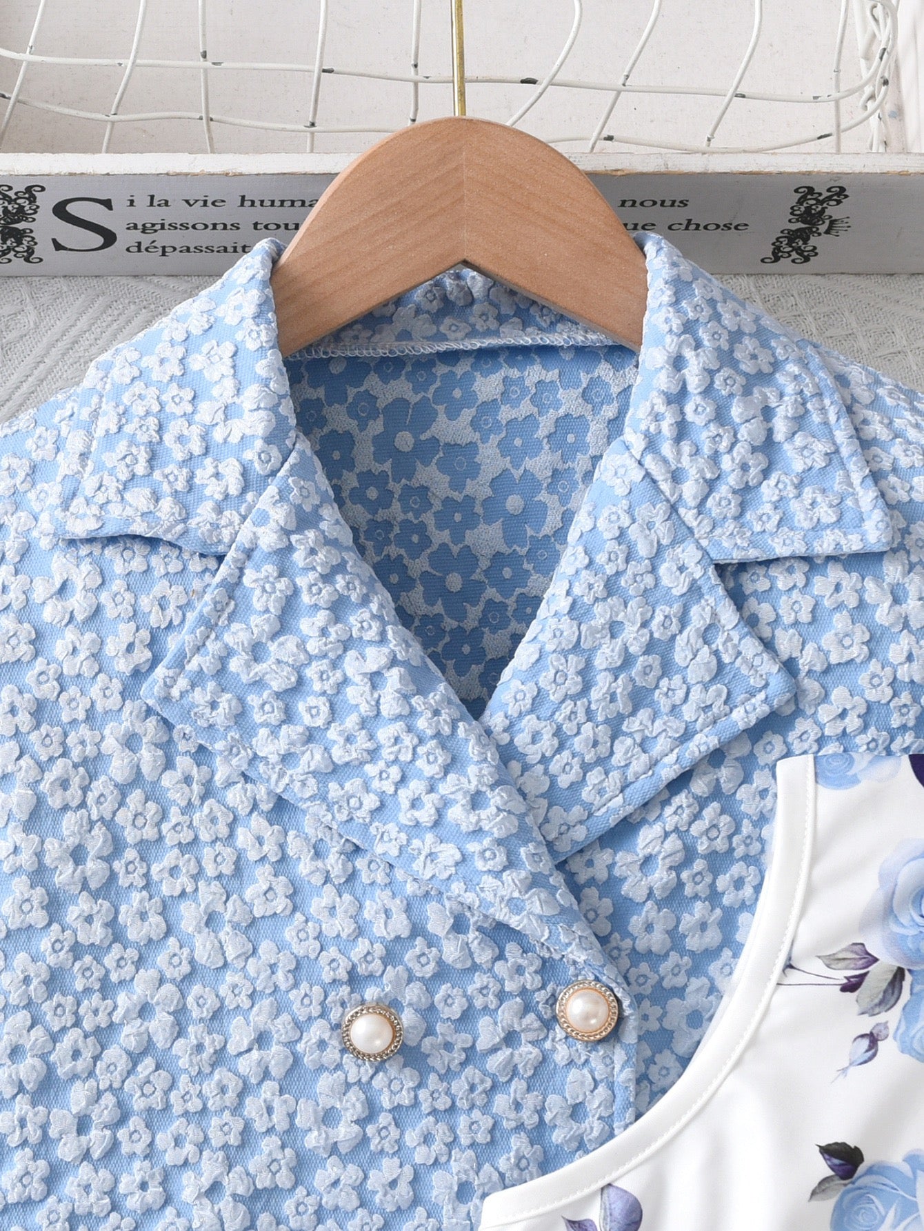 Cross-Border Girls Two-Piece Sky Blue Floral Jacket Rose Print Mesh Dress Princess Style