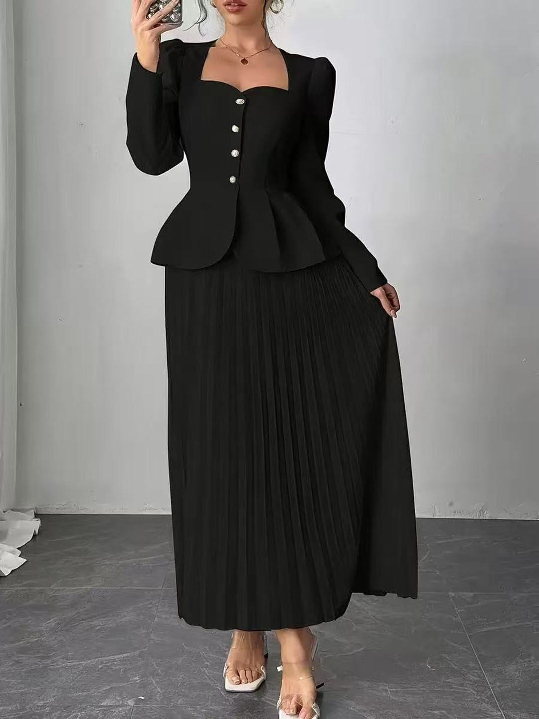 Cross-Border European and American 2026 Summer New Style Square-Neck Waist-Cinching Suit Set with Long-Sleeve Top and Pleated Long Skirt, Elegant Two-Piece Set