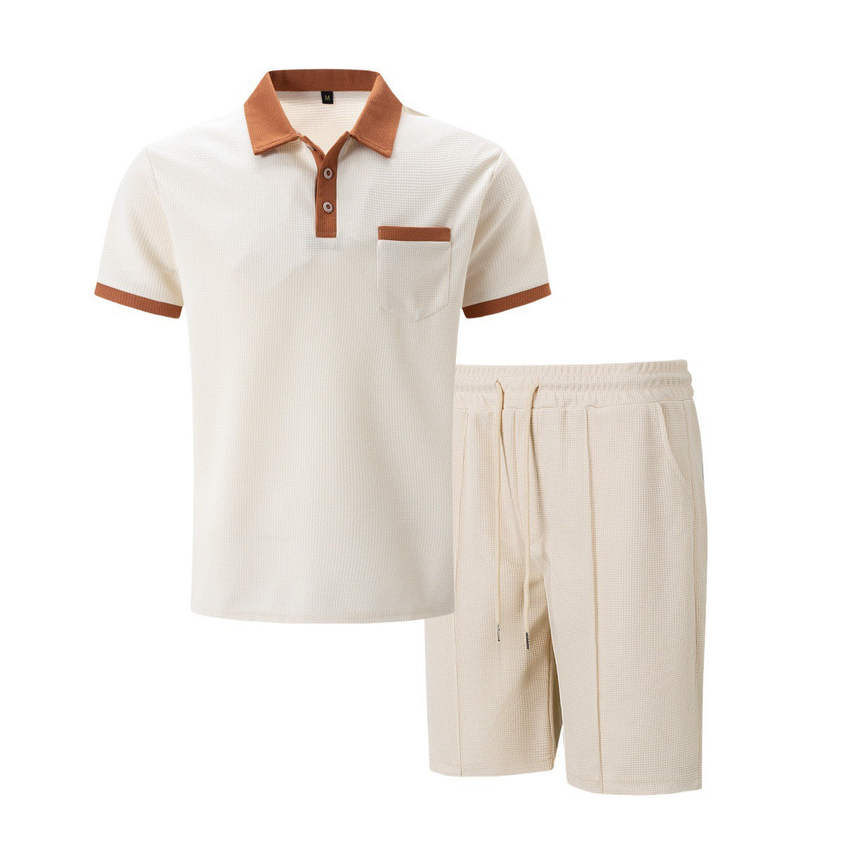 Amazon Cross-Border Summer New Men's Waffle Lapel Color-Blocked Chest Pocket Button Short-Sleeved Shorts Suit