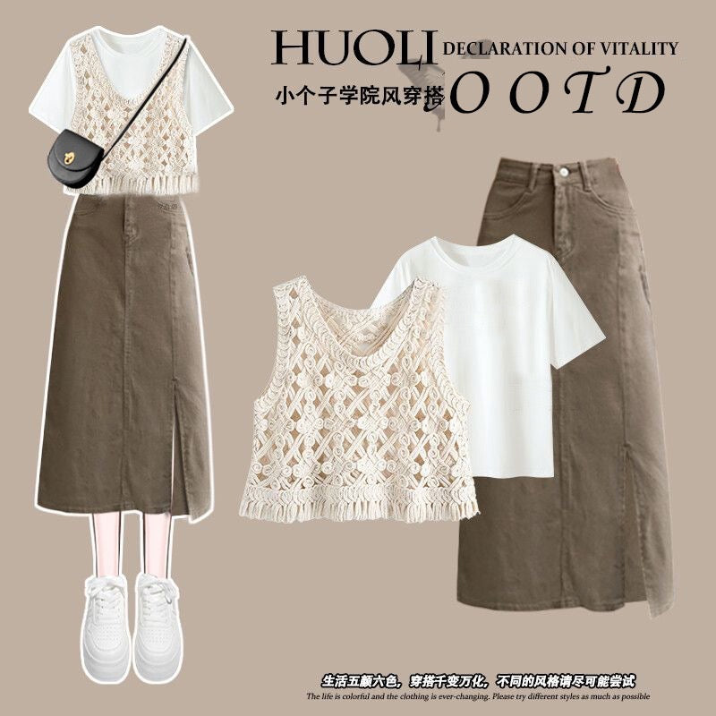 Summer fashion suit for women 2023 new style college style slightly fat and thin vest short-sleeved denim skirt two-piece suit