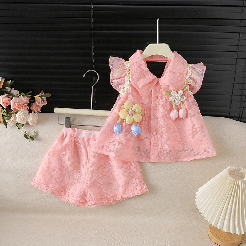 2-Piece Korean Style Single-Breasted Floral Lightweight Summer Dress Set for Girls with Delicate Flutter Sleeves