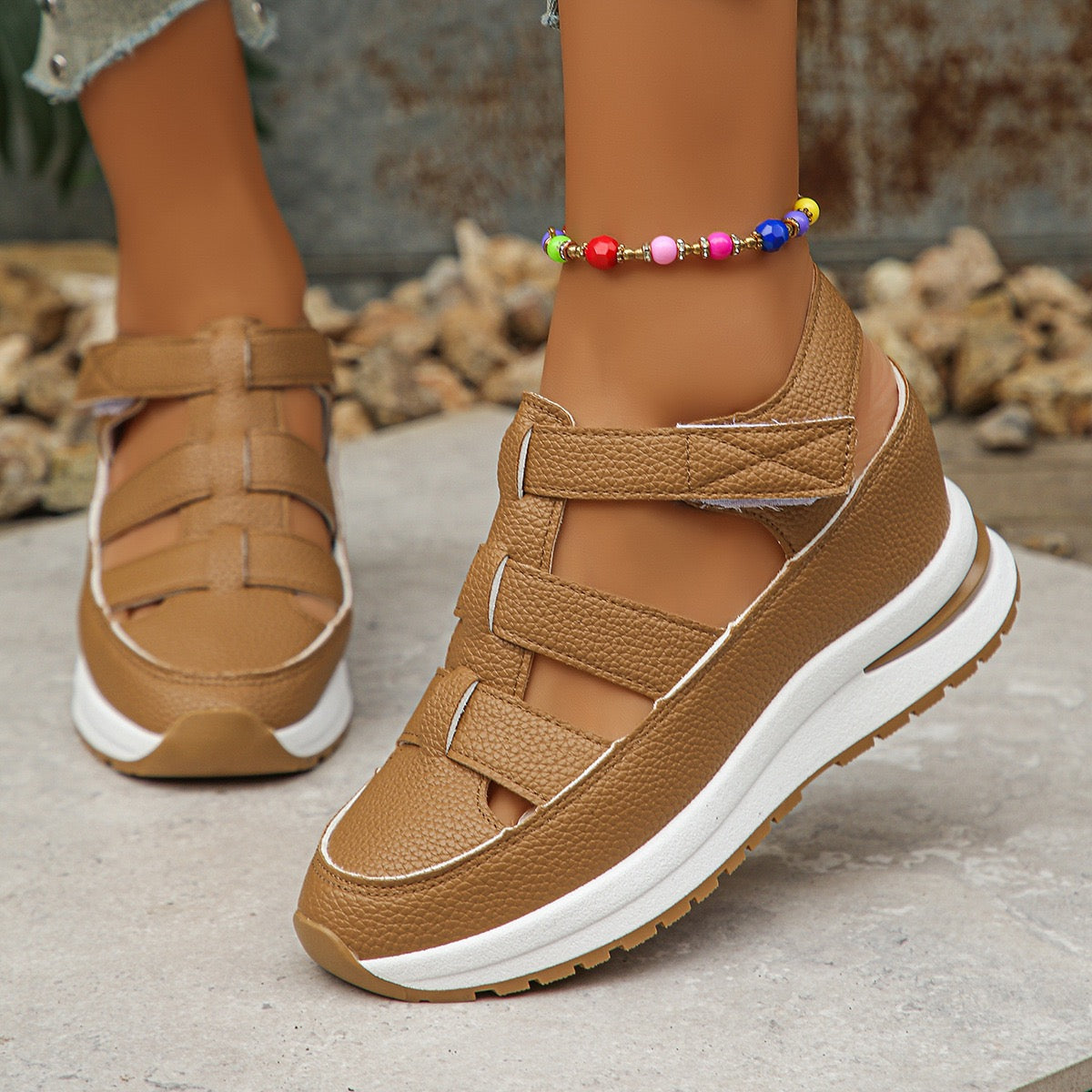 Summer new wedge sandals covered head hollow breathable women's foreign trade plus size sponge thick-soled velcro women's shoes