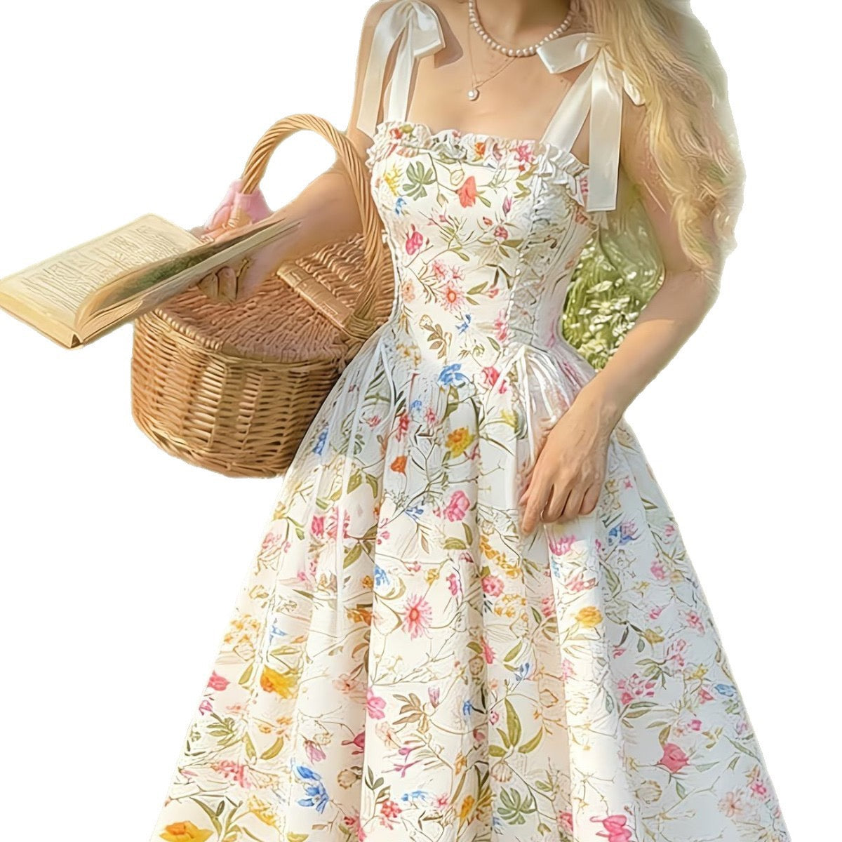 Sweet Floral Suspender Dress with Tie Straps, Waist-Cinching and Slimming Effect, Bow Shoulder Straps, Princess Dress, Elegant Retro Pastoral Style offer
