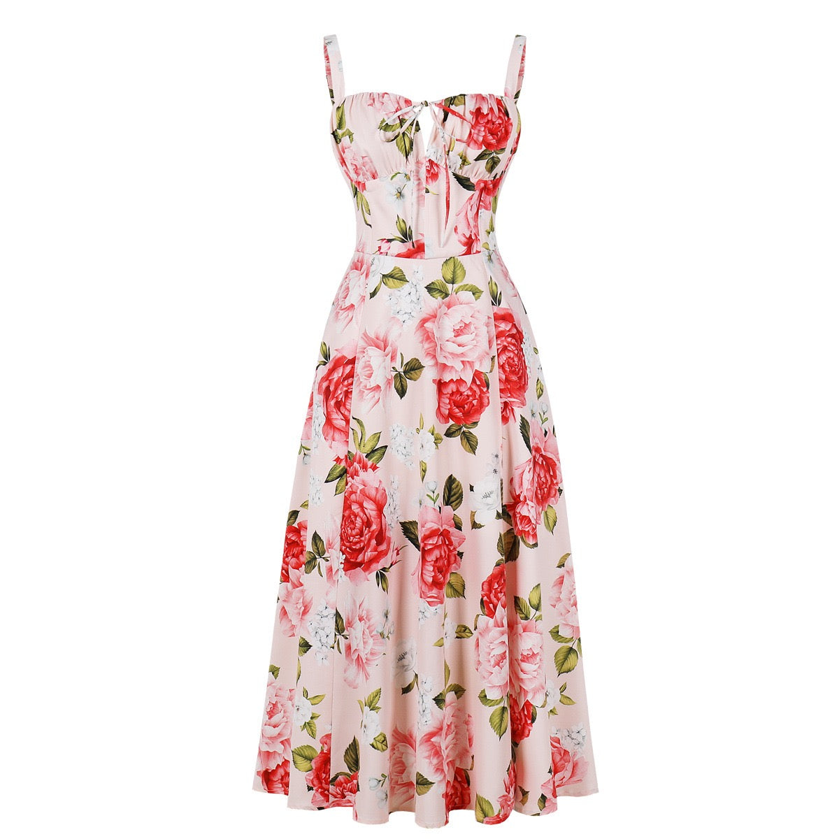 Printed Spaghetti Strap Dress with Corset Waist, Elegant Vintage Style, Wide Hem, Trendy Bestseller on Amazon