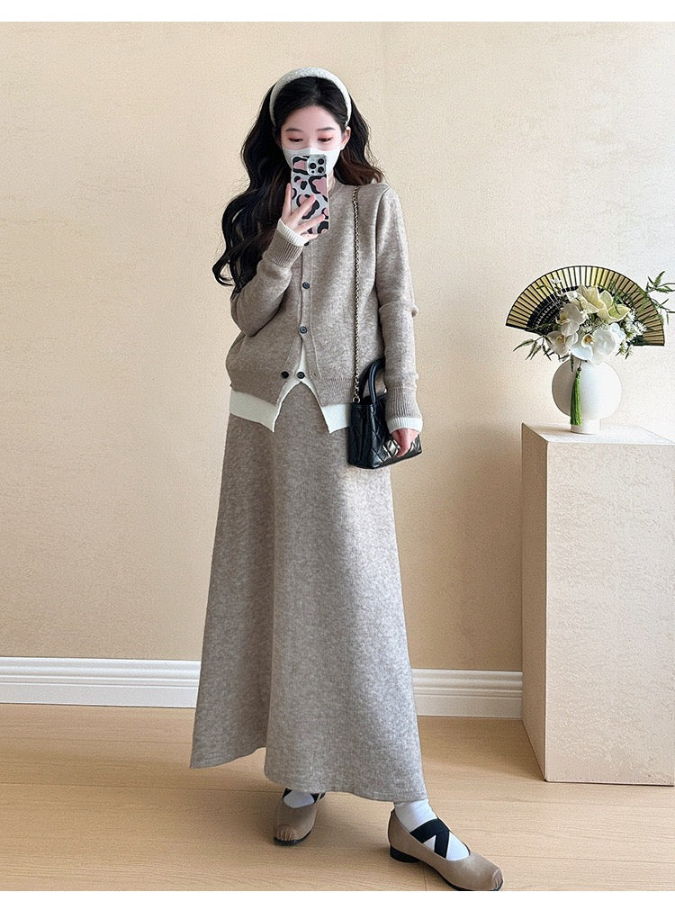 Pregnant women autumn and winter fashion new contrast color stitching knitted sweater + mid-length skirt temperament slim two-piece set