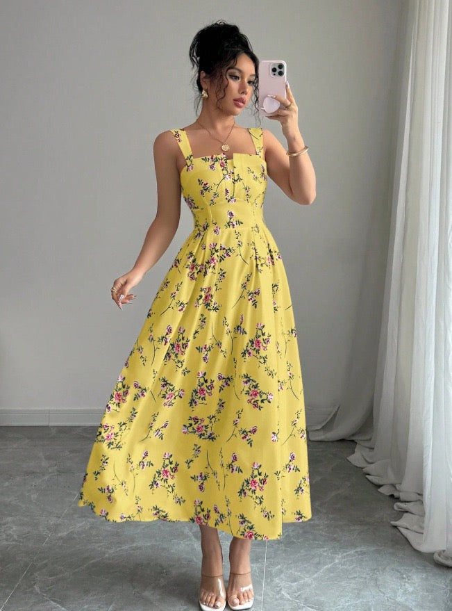 European and American New Style French Dress, Cross-Border Summer Spaghetti Strap Waist-Cinching Women's Casual Travel Floral A-Line Long Dress