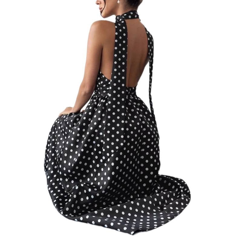 2026 Amazon European and American Cross-Border Trade Polka Dot Tie-Back Sexy Deep-Neck Backless Long Dress
