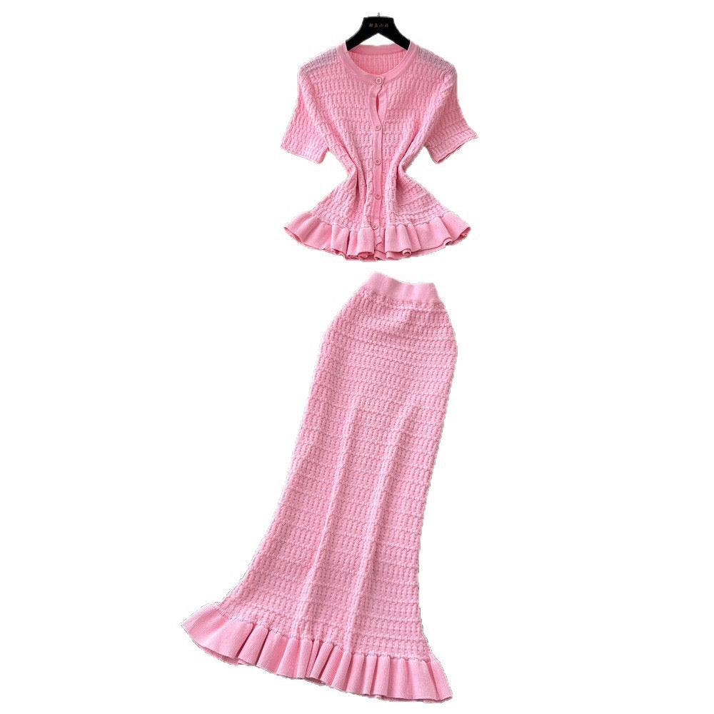 Korean-Style Knitted Ruffled Slim-Fit Two-Piece Set for Women, Summer Slim-Fit, Mature and Elegant Style, Workwear Outfit