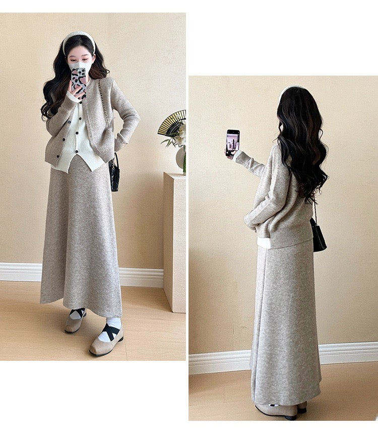 Pregnant women autumn and winter fashion new contrast color stitching knitted sweater + mid-length skirt temperament slim two-piece set