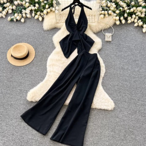 Premium Commuter Style Halter Neck Vest and Wide-Leg Pants Two-Piece Set for Women, Summer Open-Back Waist-Cinching Slimming Fashion Set