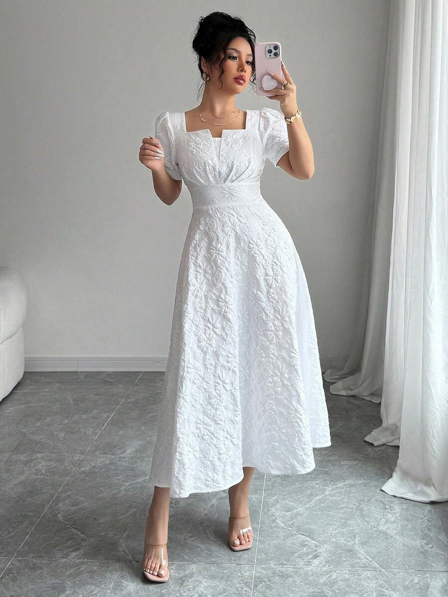 European and American Cross-Border 2026 Summer Slim-Fit Women's Elegant Jacquard Solid Color Puff Sleeve Square Neck Dress