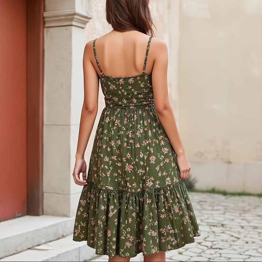 Cross-Border Amazon Spring and Summer New Green Floral V-Neck Strap Dress Retro Waist-Cinching Vacation Style Dress