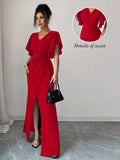 Women's Elegant Romantic Ruffle Sleeve V-Neck Waist Slimming Slit Hem Long Dress Suitable for Dates